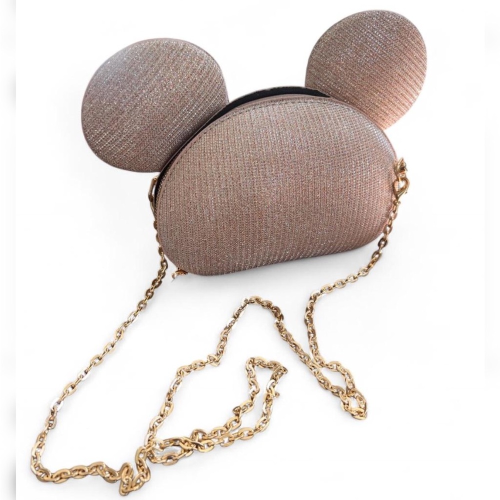 Champagne Colored Sparkly Mouse Ears crossbody Bag with Detachable Gold Chain